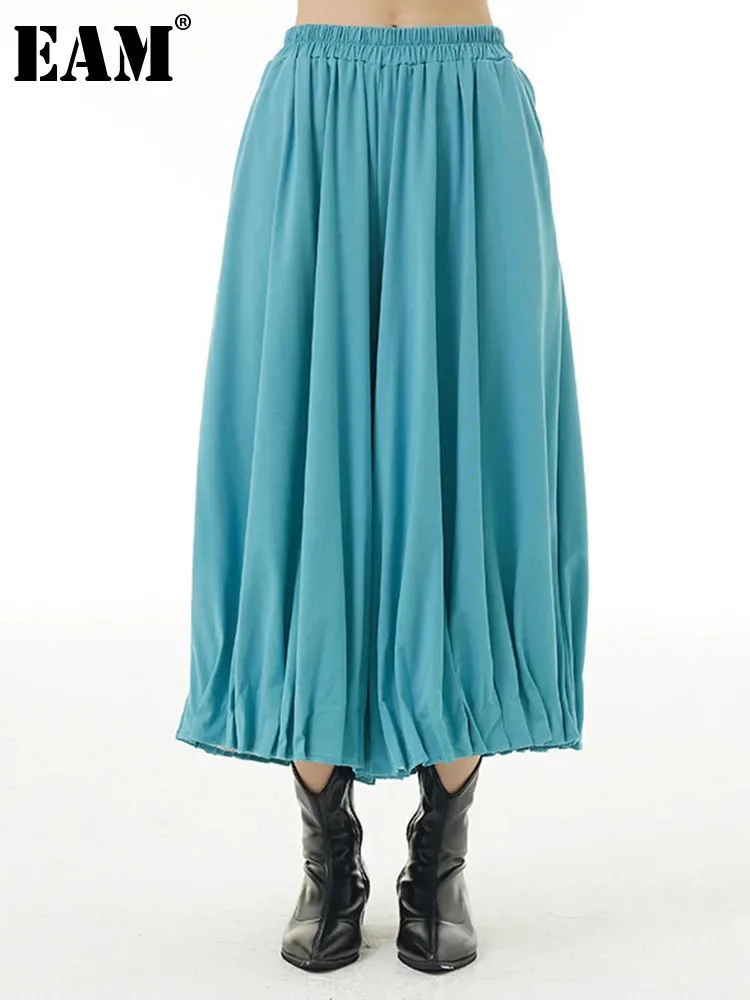 [EAM] High Elastic Waist Blue Green Casual Pleated Bud Half-body Skirt Women Fashion Tide New Spring Autumn 2024 1DH6541