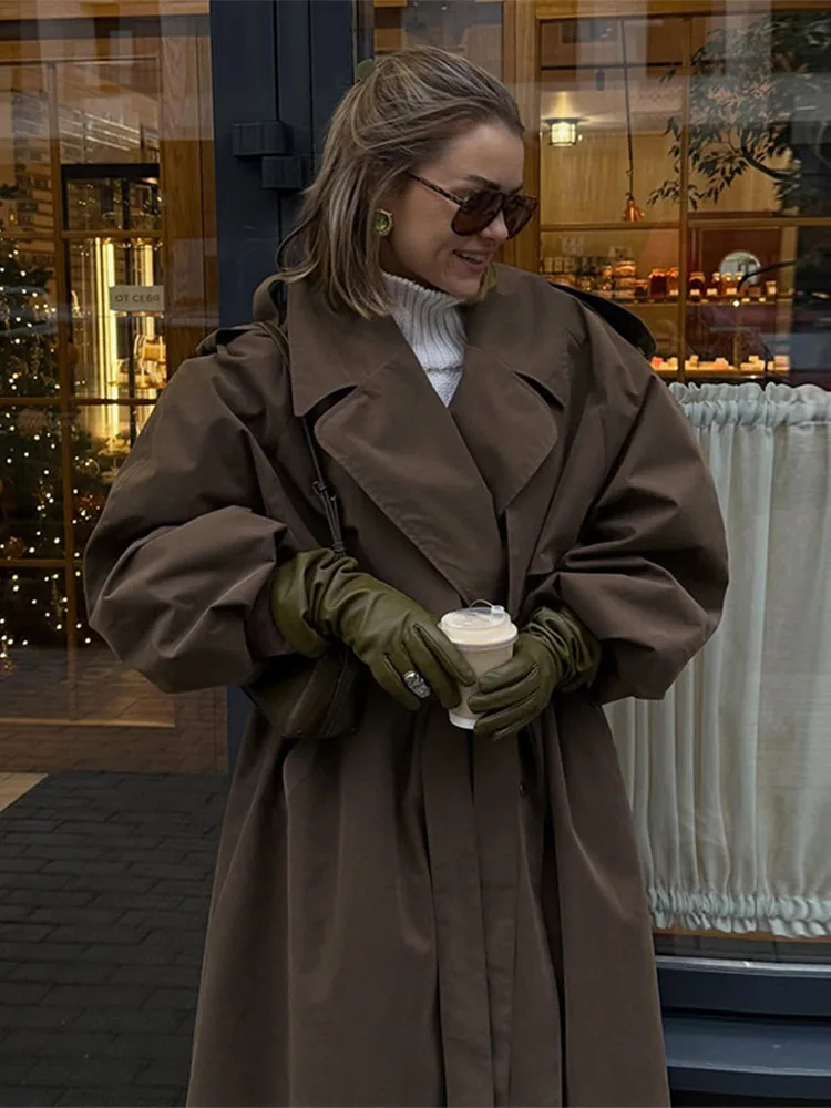 Loose Solid Windbreaker Women Full Sleeve Turn-down Collar Casual Lace Up Female Long Coats 2026 Autumn Winter Lady Outwears New