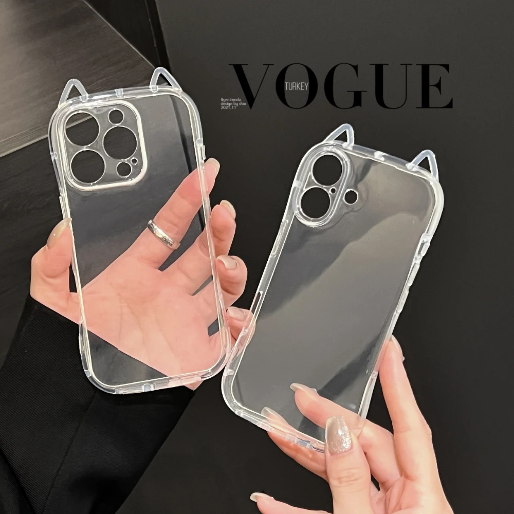 Fashion Clear Cute 3D Cat Ears Phone Case For iPhone 16 15 14 13 12 11 Pro Max 7 8 Plus X XR XS MAX Shockproof Soft TPU Cover