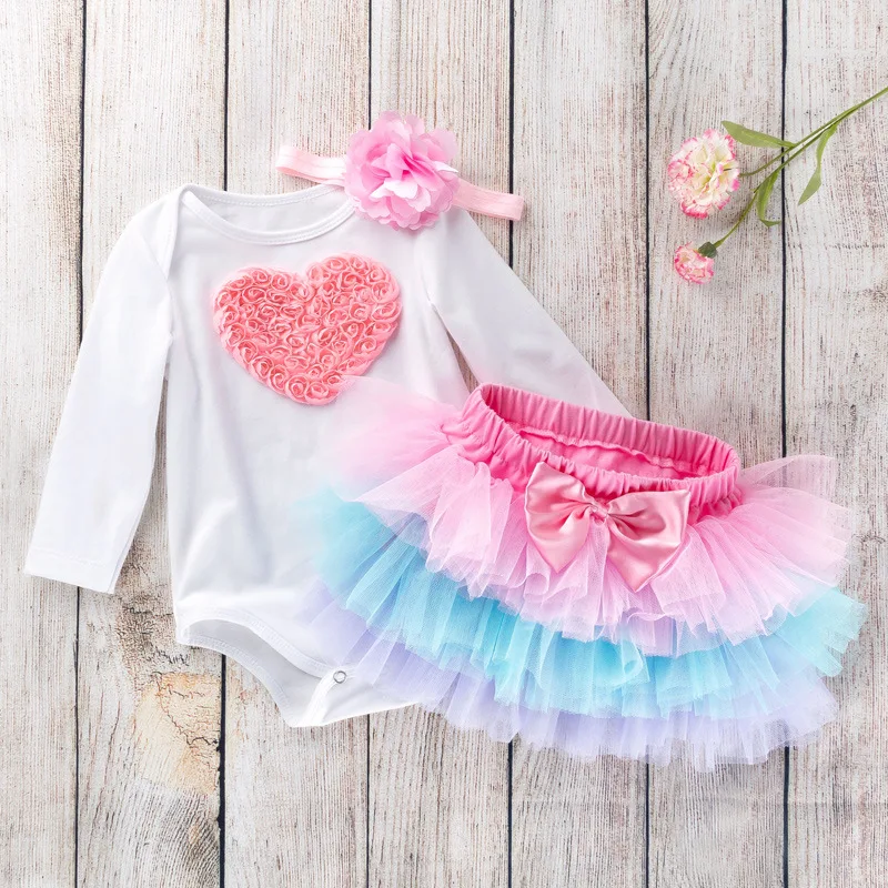 

Baby Girl Holiday Outfit Spring and Autumn Style Infant Long Sleeve Cartoon1Children's Set with Colorful Tulle Skirt