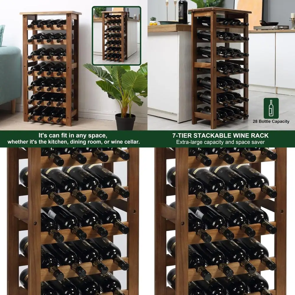 

Natural 7-Tier Wooden Floor Wine Rack, Holds 28 Bottles, Freestanding Storage for Kitchen or Cellar