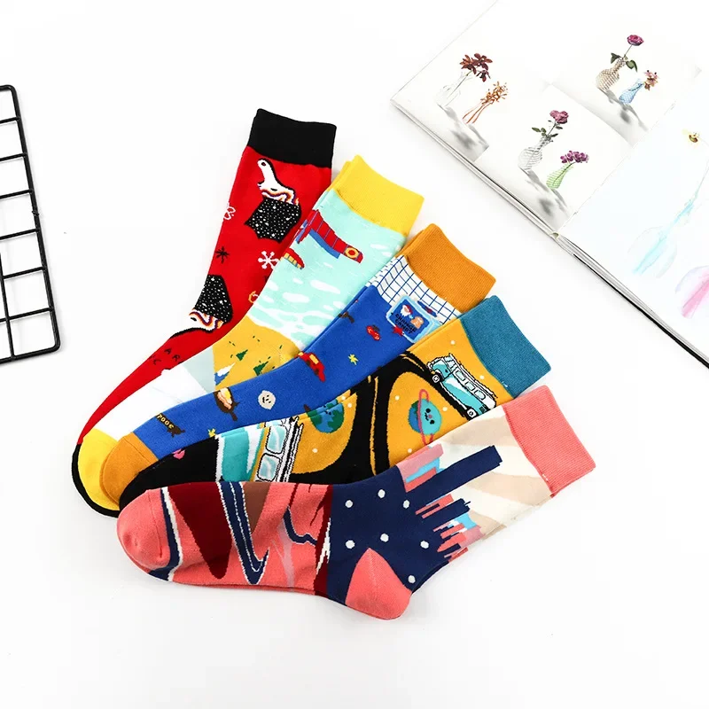 New Happy Mens Socks Women Novelty Cartoon Sock Combed Cotton Funny Men\'s Big Size Crew Harajuku Hip Hop Thick Long Socks