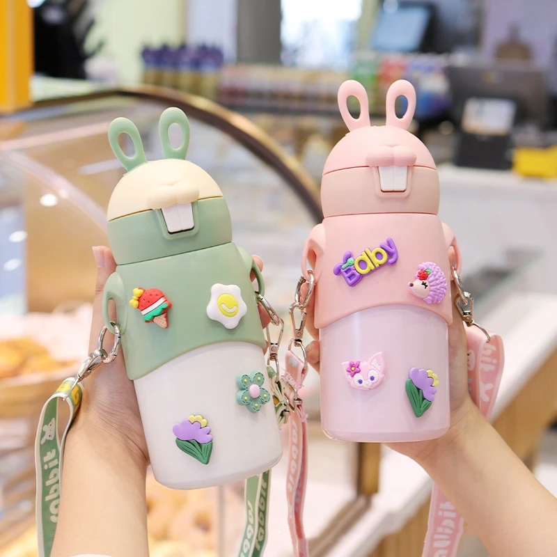 

Child Thermal bottle 500ml rabbit Adhesives Hook Children Sports Bottle Frosted Straw Cup Large-capacity Water Cup Cute Bottle