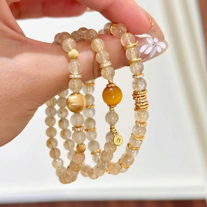 Chinese Style Lucky Fortune Golden Rutilated Quartz Bracelet For Women Luxury Gold Tiger Eye Stone Beaded Bracelet Coin Pendant