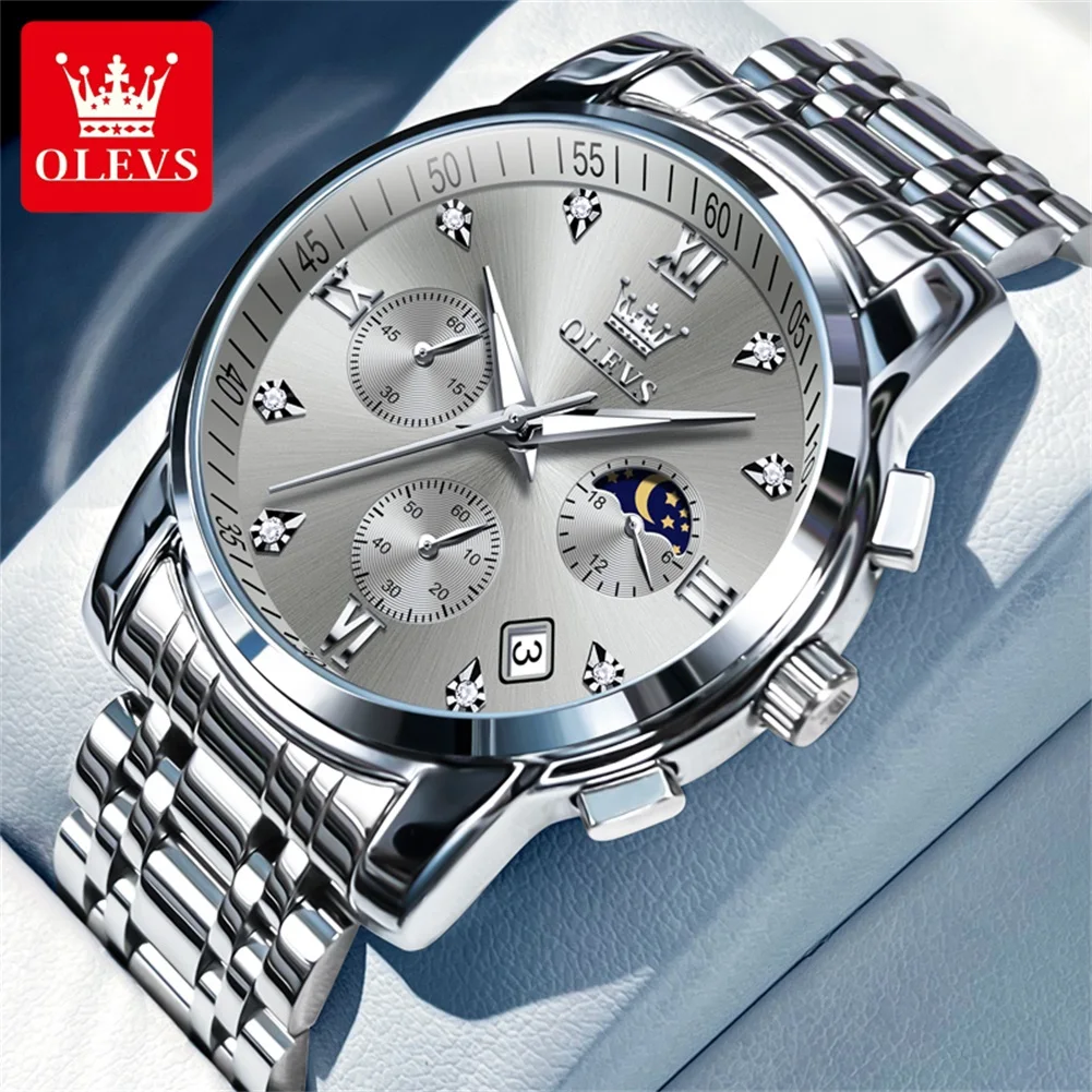 OLEVS 2858 Herenhorloge Luxe merk quartz horloge Multifunctionele chronograaf Waterdicht lichtgevend maanfasehorloge Trend herenhorloge