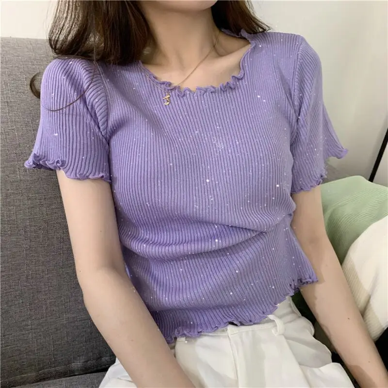 High Waist Ice Silk Ear Edge Short Sleeves Knitted T-shirt for Women's Summer Youth Campus Style Sweet Fresh Slim Fit Short Top