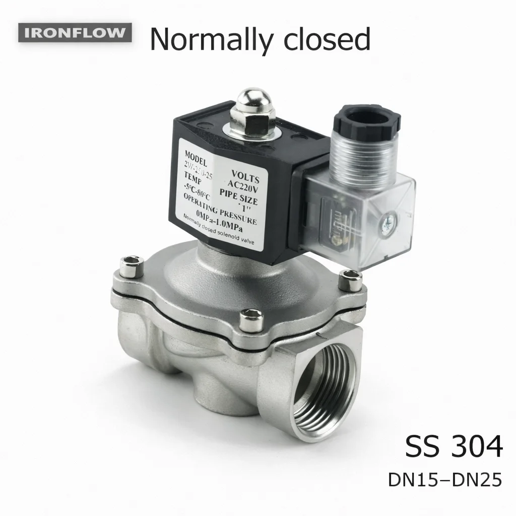 1/2'' 3/4'' 1'' Stainless Steel Normally Closed Solenoid Valve for Water DN15 DN20 with IP65 DIN Coil AC110V AC220V AC24V DC12V