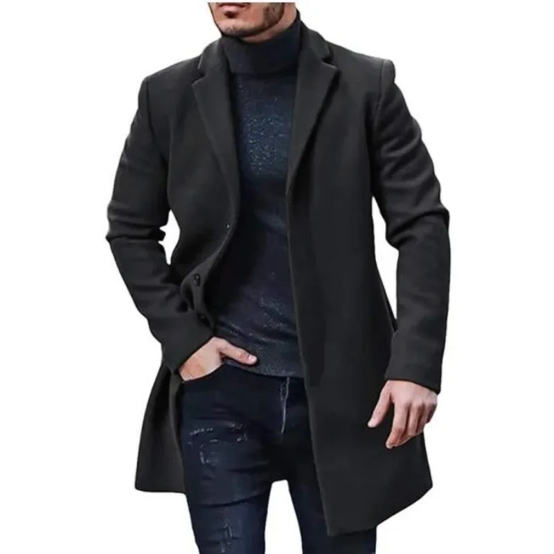 2023 Winter New Solid Color Commuter Casual Wool Multi Color Coat Mid Length Windbreaker Handsome Men's Clothing