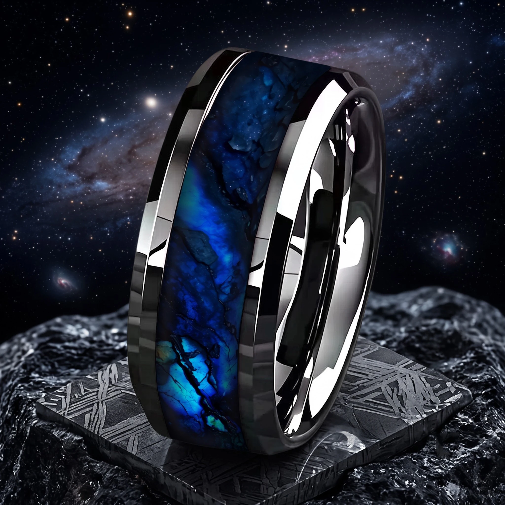 SUNFLOWER 2026 Modischer Blauer Sternenhimmel Herren Edelstahlringe Einzigartiger Nicht-Verblassender Ehering Polierter Doppelseitiger Ring – Detail 3