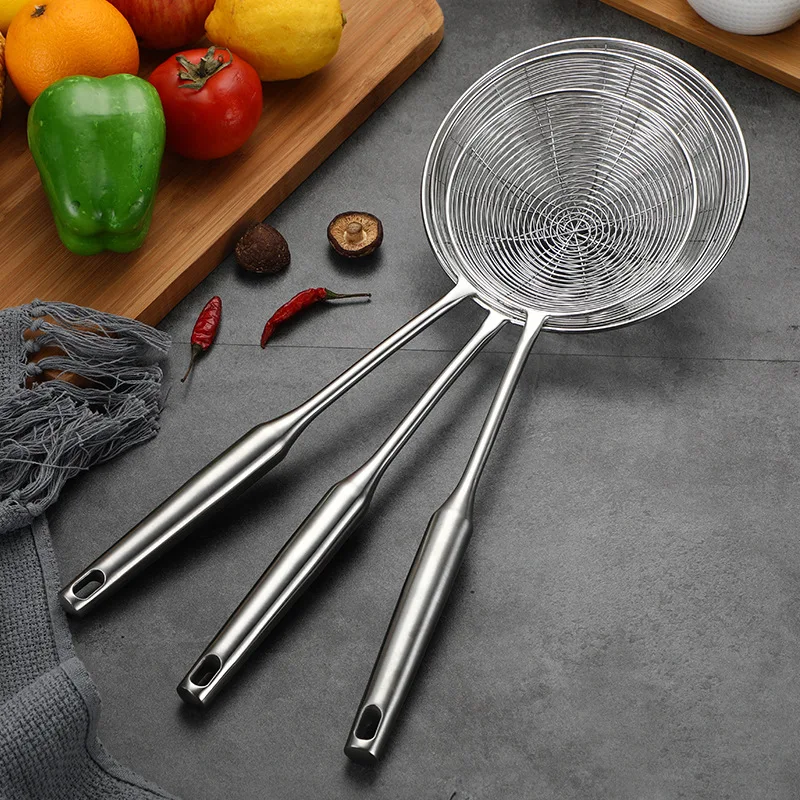 Thickened Stainless Steel Wire Drain Home Anti-Ironing Handle Hot Pot Drain Scoop Drain Net Drain Creative Kitchen Supplies