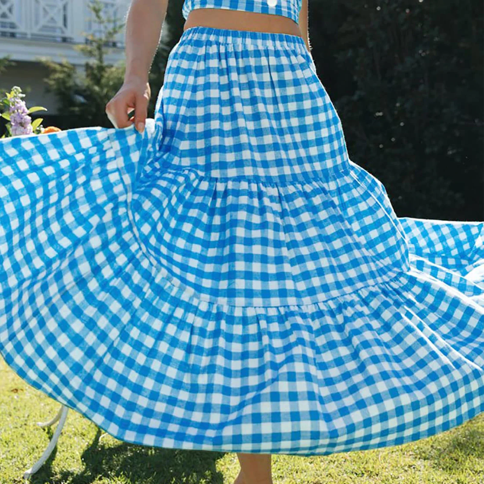 Dames Zomer Hoge Taille Rok Effen Kleur/Geruite Lange Rok Voor Reizen Strand Winkelen