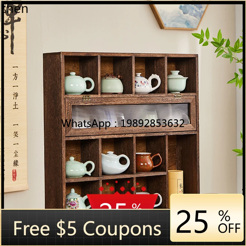 

solid wood bogu frame teacup tea set storage wall-mounted tea display cabinet antique storage