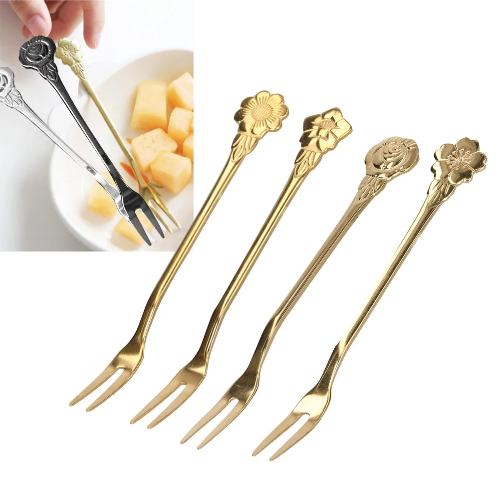 4Pcs Rustless Steel Fruit Forks Mirror Polished Flower Shaped Handle Dessert Forks Mini Size Practical Tasting Forks Party Use