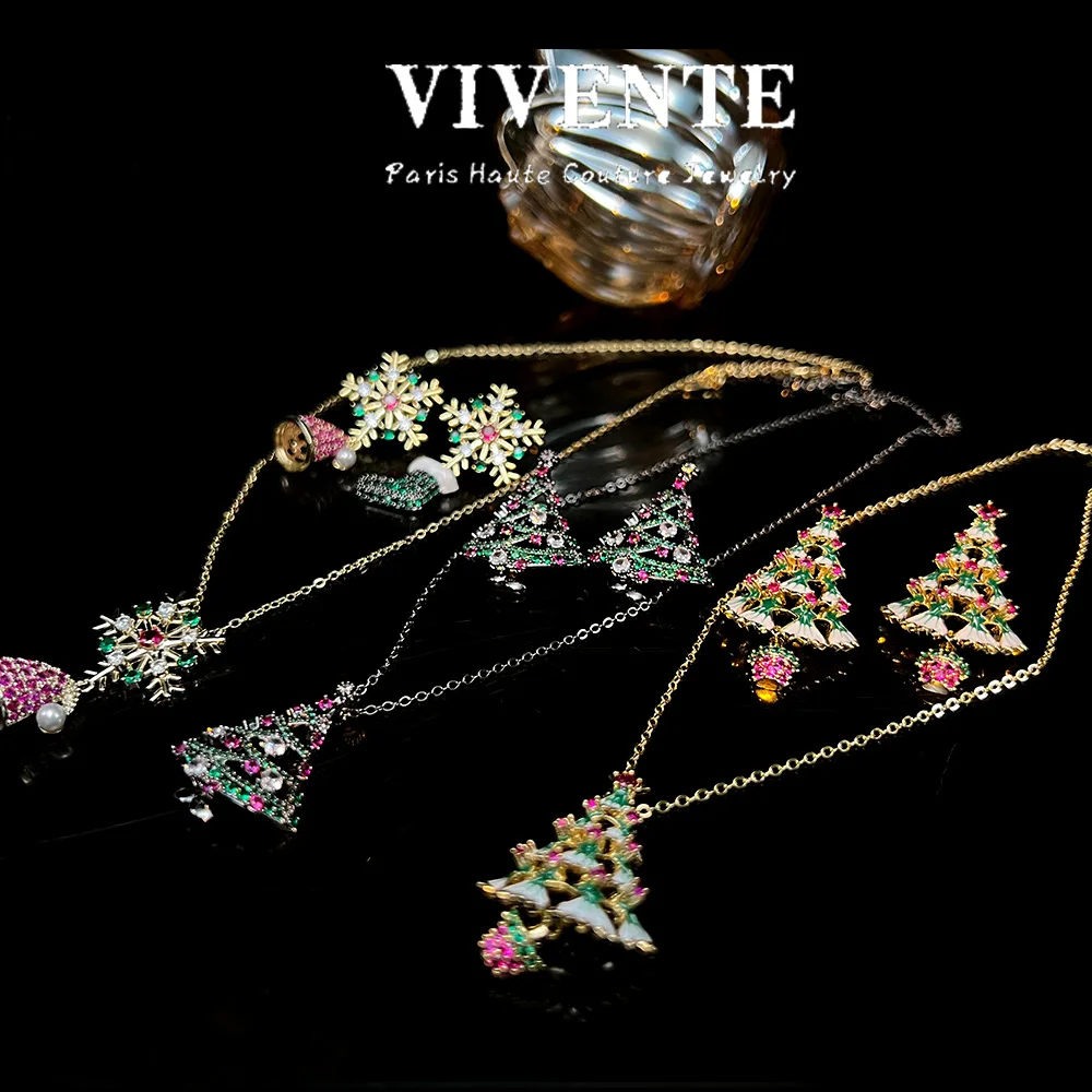 New Arrival High End enamel snow boots Christmas tree copper plated real gold necklace earrings Jewelry set