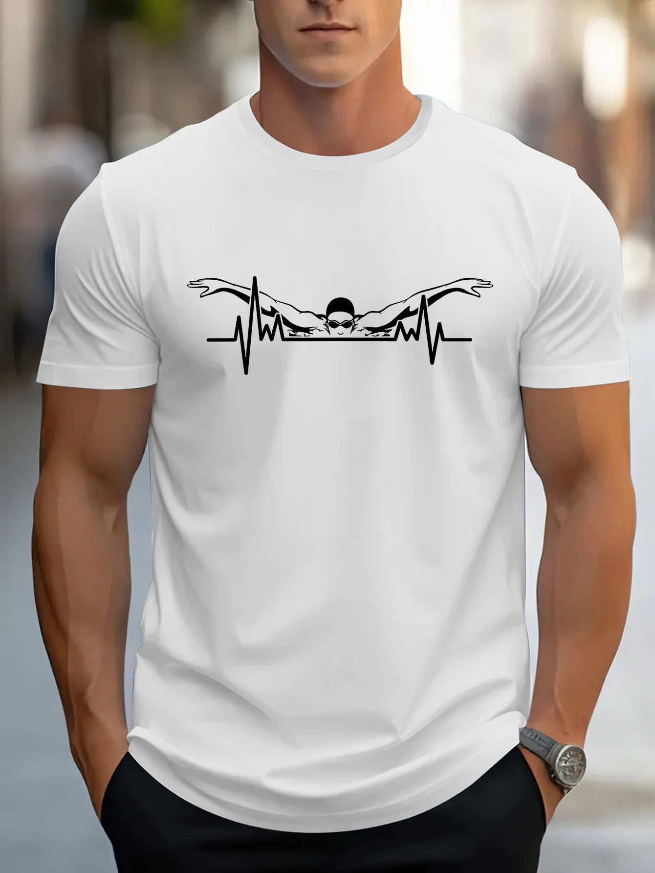 Male Black Round Neck T Shirt Minimal Swimmer Silhouette EKG Pulse Wave Print Pool Training Enthusiast Light Cotton Daily Tees