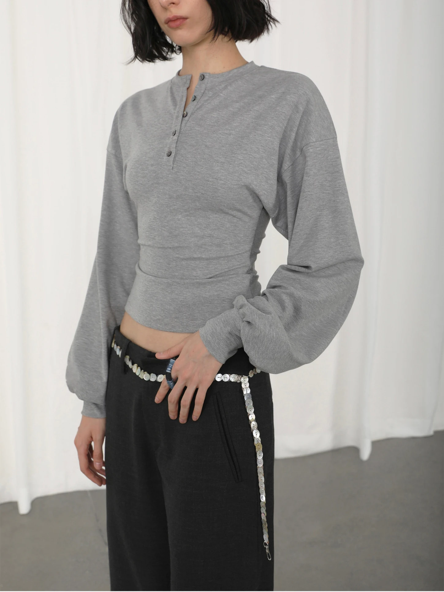 CHEERART Henry Neck Long Sleeve Top For Woman Lantern Sleeve Half Button Designer Crop Top Grey Black Fashion 2026 Fall Clothes
