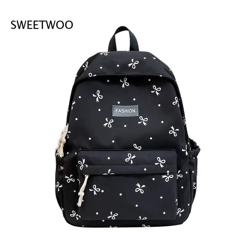Korean-Style Dainty Bow-Print Waterproof-Nylon Large-Capacity Student Backpack