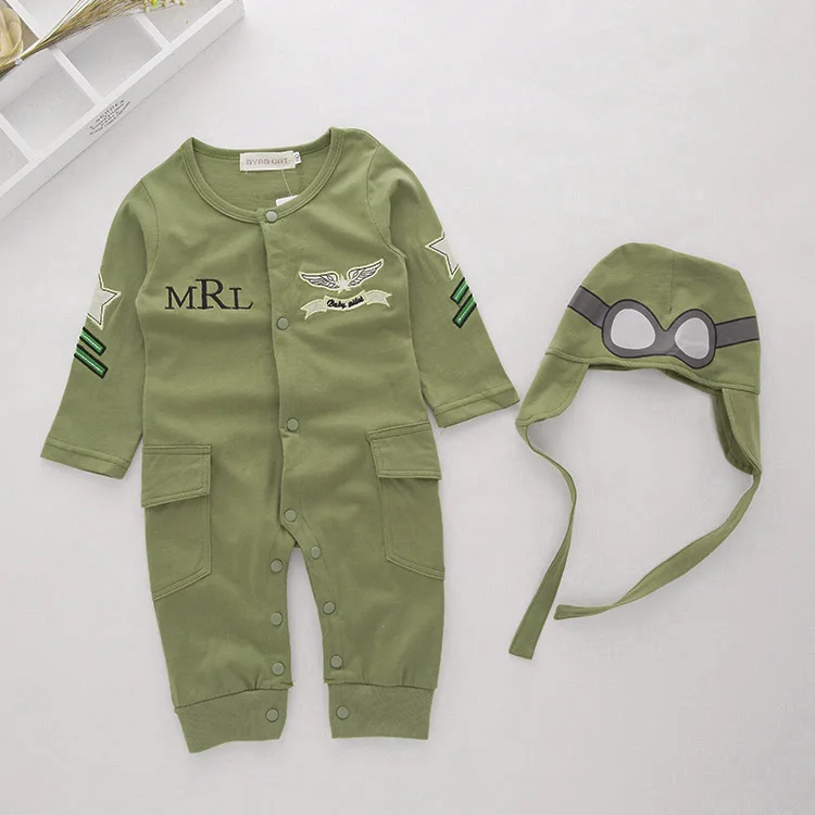 Newborn Baby Clothes Long Sleeve Rompers Infant Airplane Pilot Costume Military Green Hooded Jumpsuit Winter Newborn 2pcs Outfit