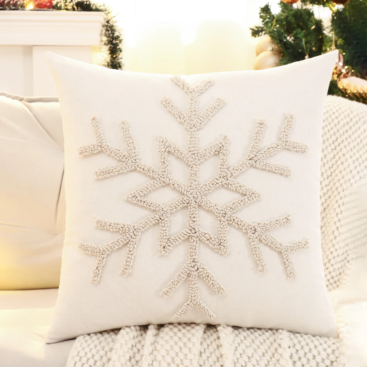 1 PC ตกแต่งคริสต์มาสโยนหมอนเย็บปักถักร้อยผ้าใบ Tufted Snowflake Reindeer