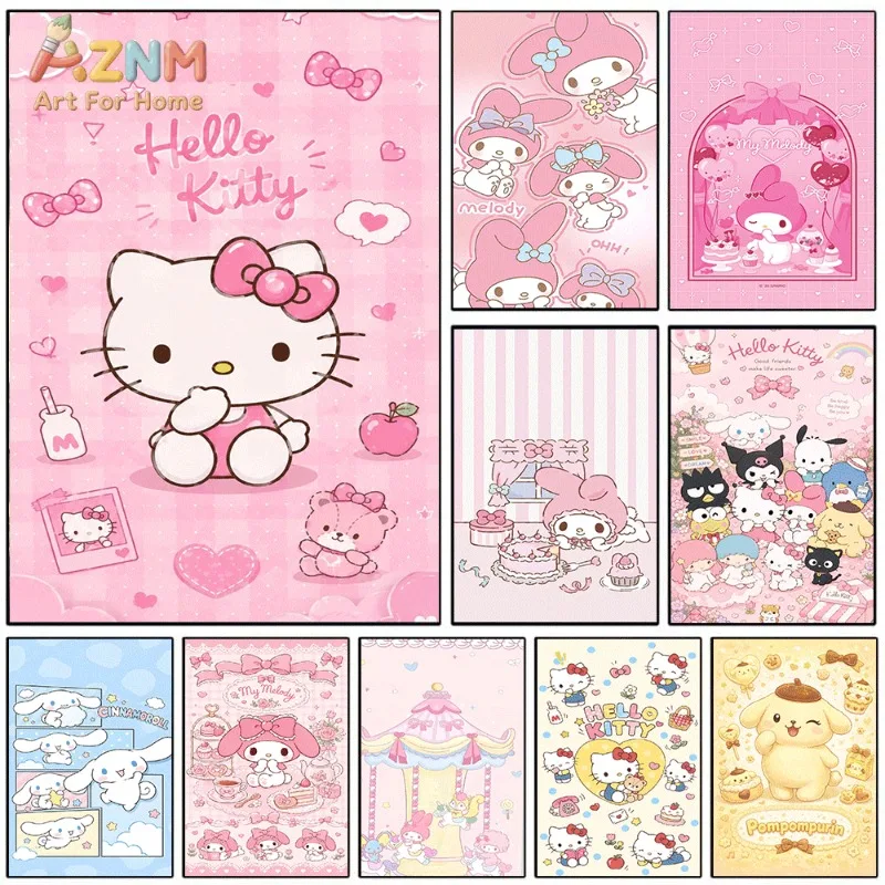 Sanrio Hello Kitty Canvas Wall Art Unframed Print Pink Bow Apple Heart Girly Cartoon Poster for Bedroom Dorm Home Interior Wall
