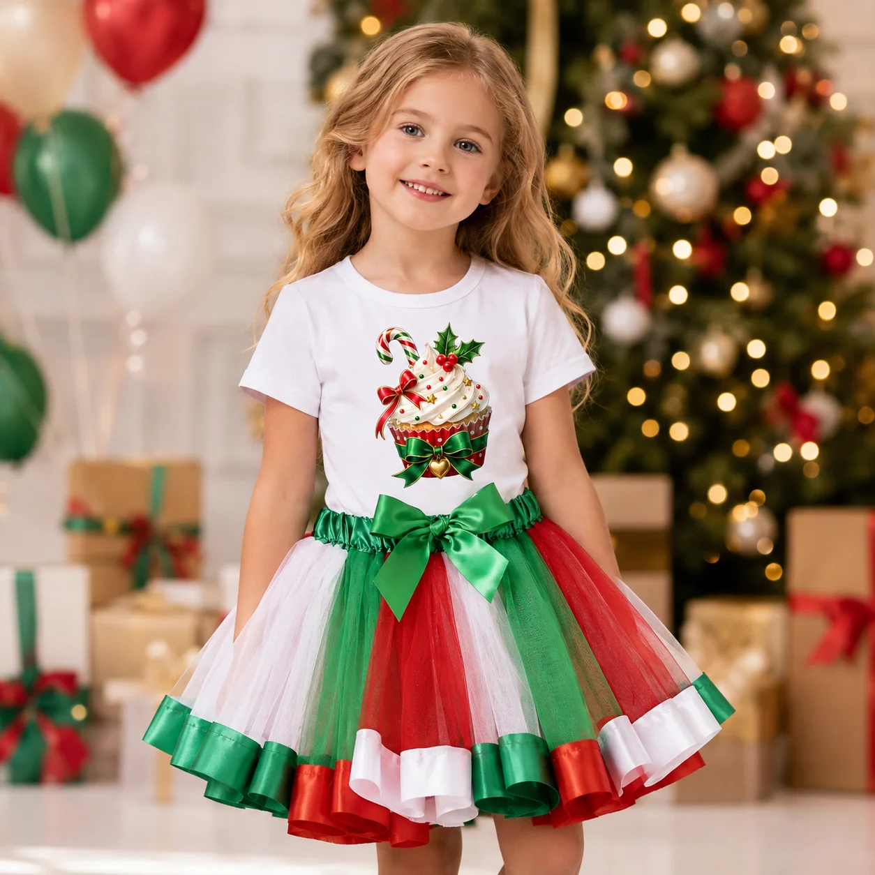 Toddler Girls Christmas Outfit 2Pcs Set Xmas Cupcake Candy Cane Print Short Sleeve T-Shirt Red Green Tulle Tutu Skirt Kids Holid