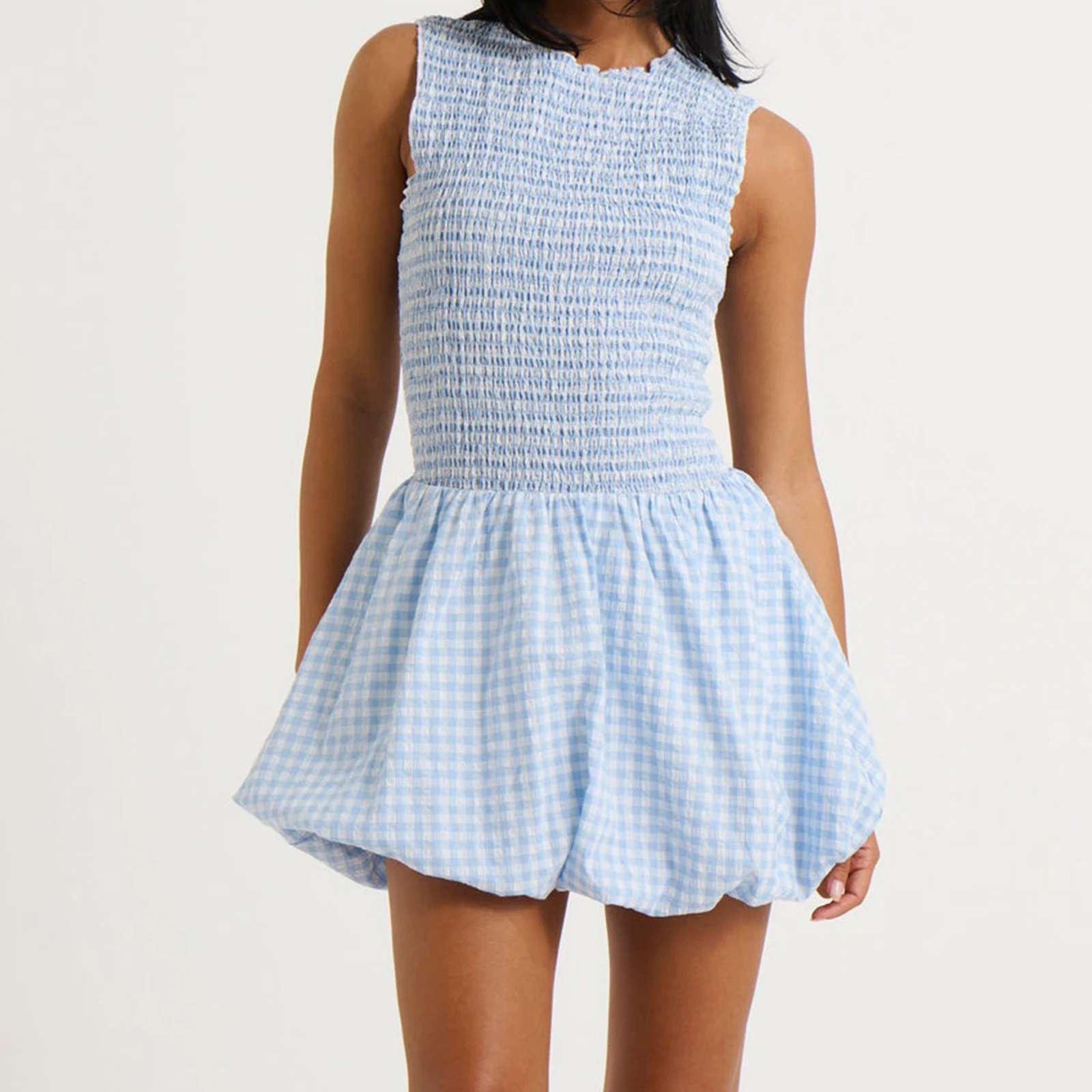 Nowa moda damska sukienka w kratkę w kratkę, marszczona, wokół szyi, bez rękawów, Mini sukienka bąbelkowa na codzienną imprezę klubową S-XL