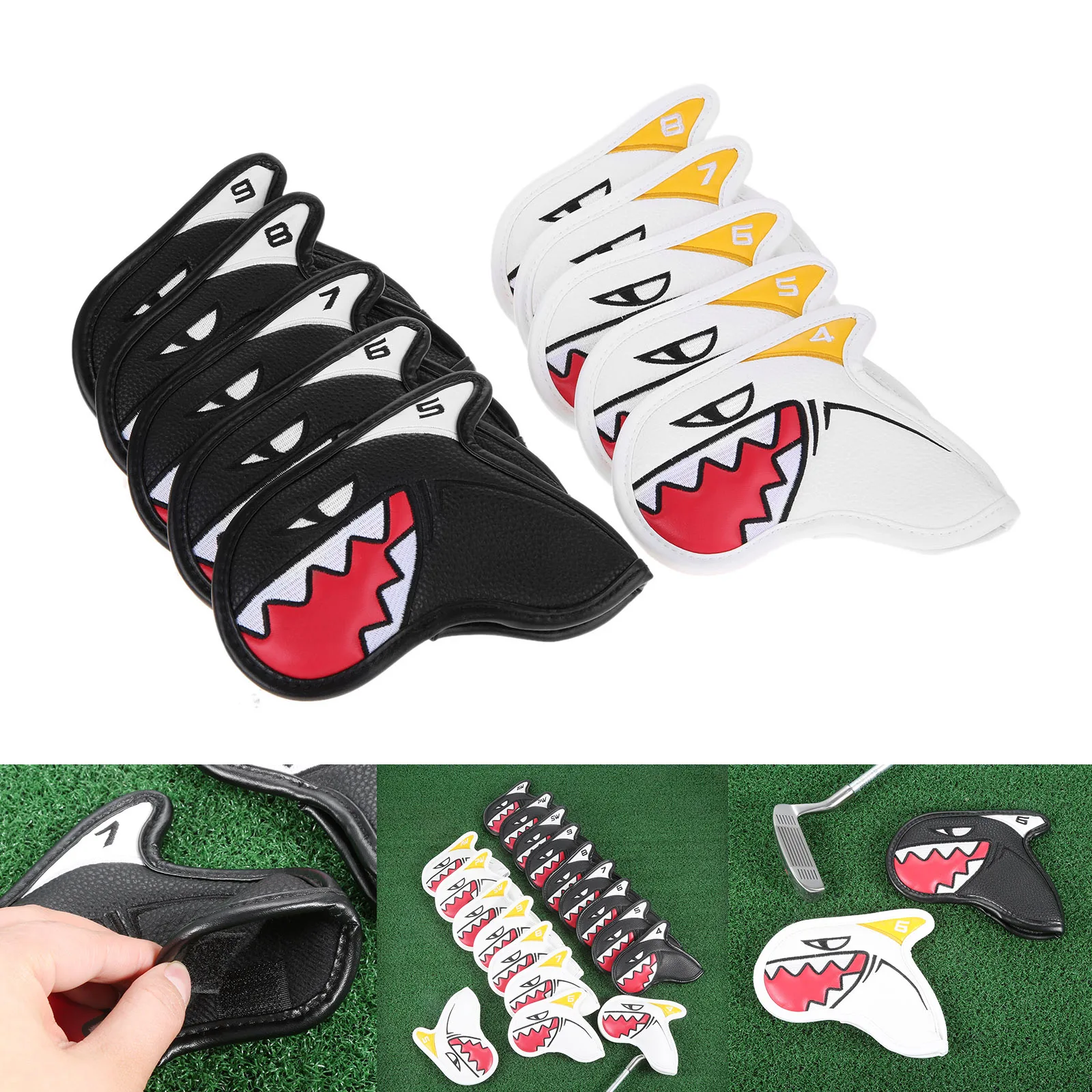 9Pcs/Set Golf Iron Head Protection Cover Shark Pattern Golf Club Headcover Protector PU Leather White/Black