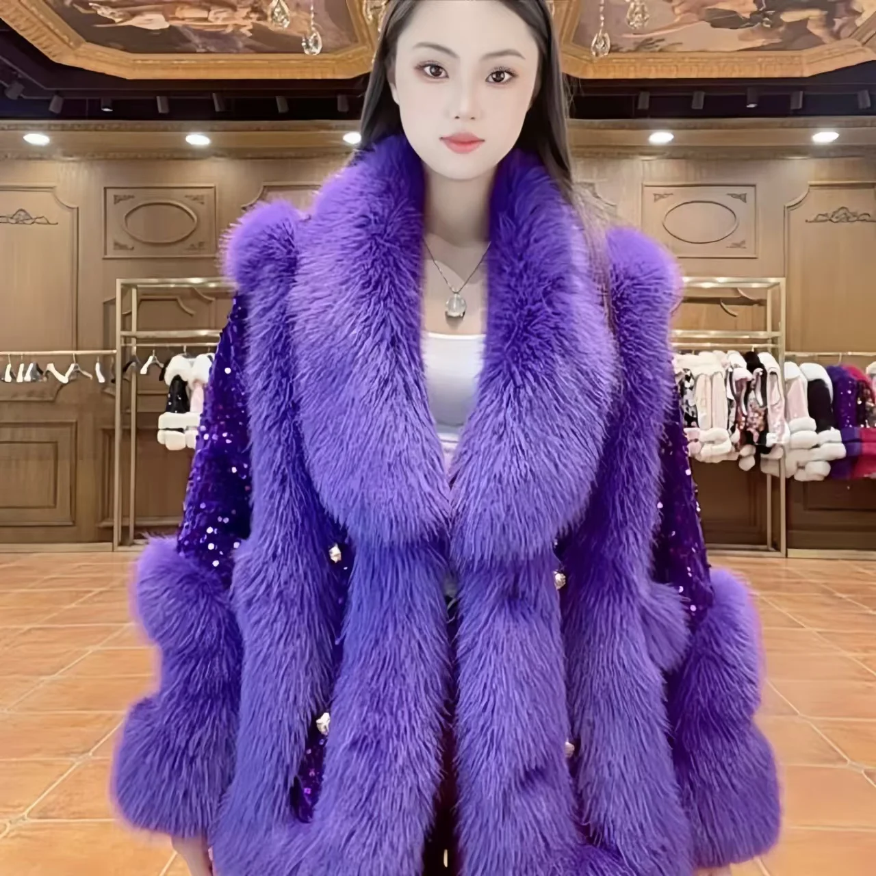 Faux Fur Coats for Women,Fur Collar Jackets,Fur Cuffs Overcoat,Female Clothes,Sequins,Thicken Warm,Luxury,New ,Winter,2025