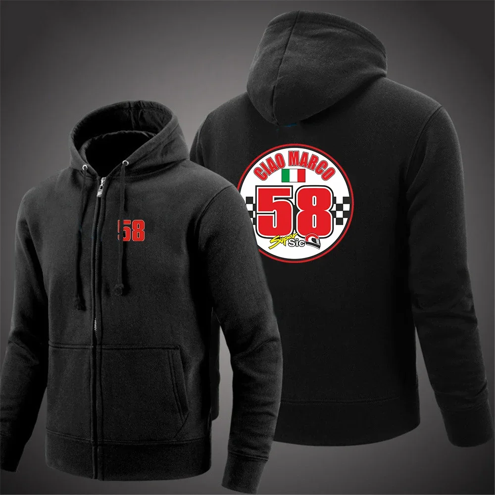 2024 Spring Autumn Men's Marco Simoncelli Super Sic 58 Logo Print Classic Solid Color Hooded Classic Long Sleeve Zipper Hoodies