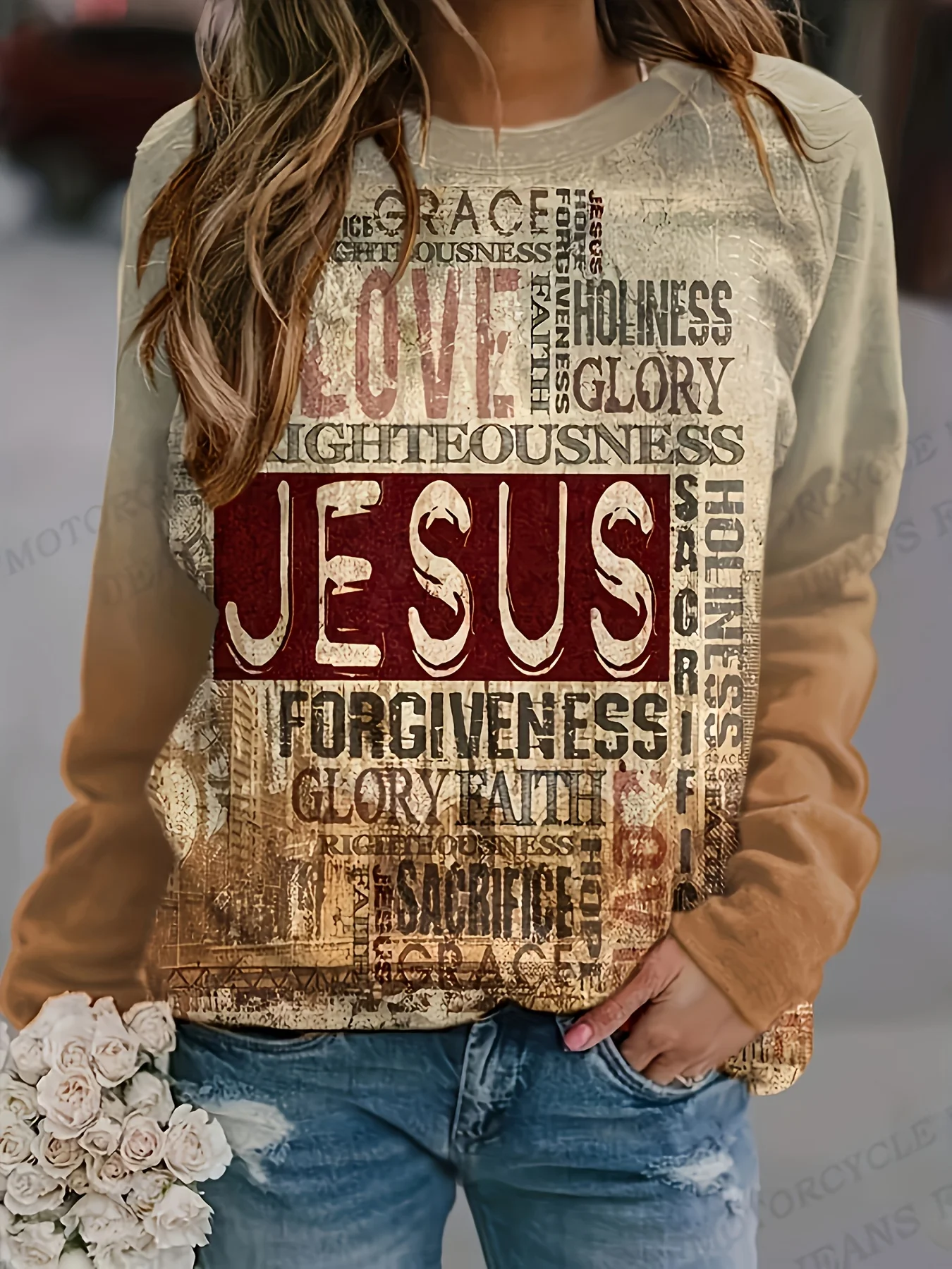Women's Long Sleeve Vintage Distressed Graphic Tee, Jesus Love Faith Religious Typography Print, Winter Holiday Casual Sports Top
