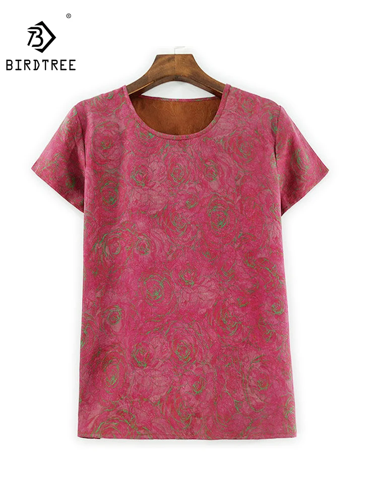 

Элегантная футболка BirdTree-32MM из водяной марлевки с шелковистым эффектом, с коротким рукавом и принтом роз, модный свободный топ для женщин, весна 2026, T61930CC