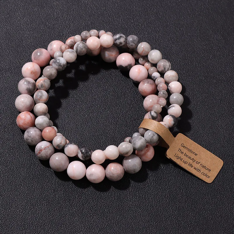 Pink Zebra Beads Bracelet Women 4 6 8mm Natural Stone Turquoises Agates Tiger Eye Quartz Beaded Bracelets Set Men Friend Jewelry