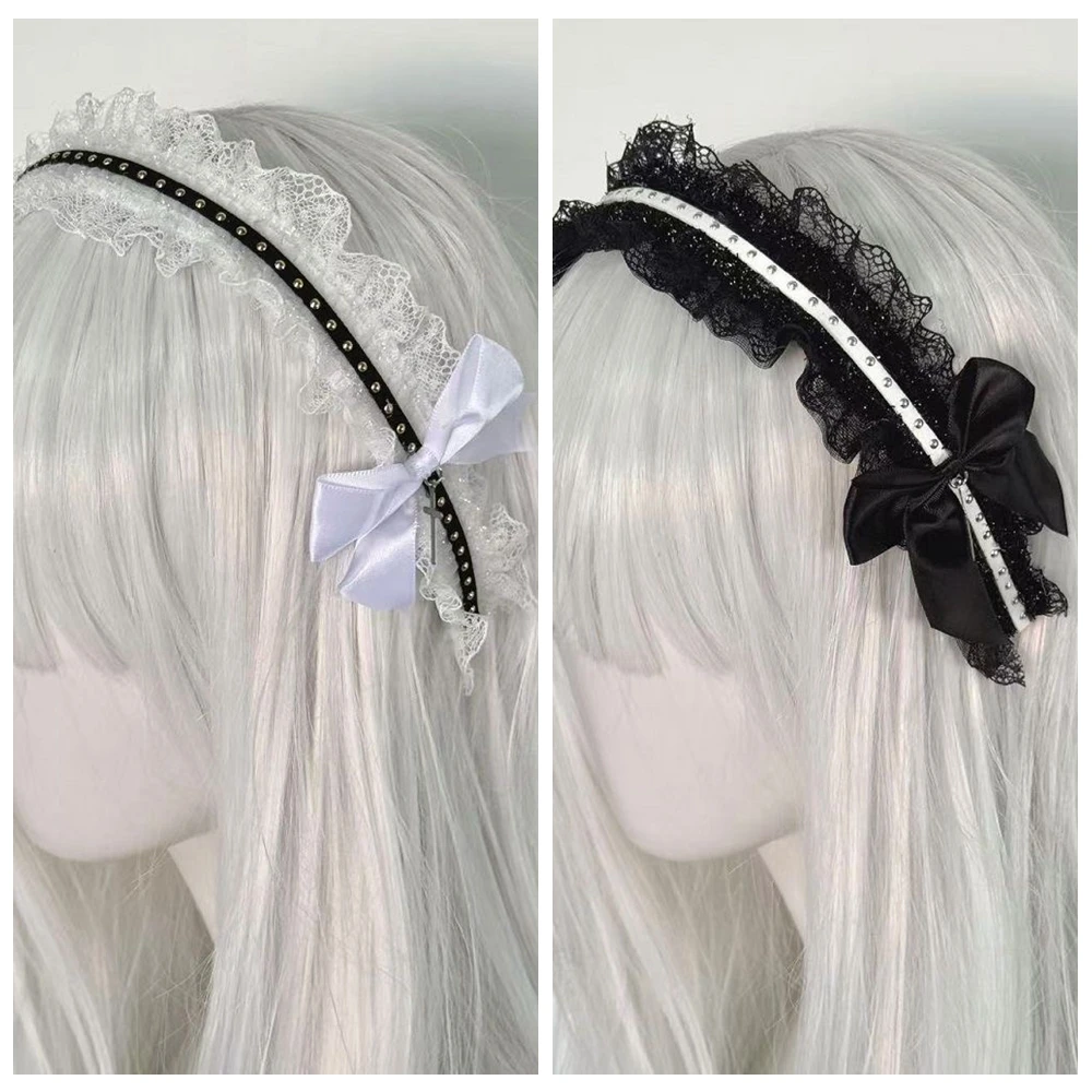 

Handmade Lace Bow Hair Band Y2k Sweet and Cool Gothic Headwear Harajuku Lley-style KC Lolita Hairhoop