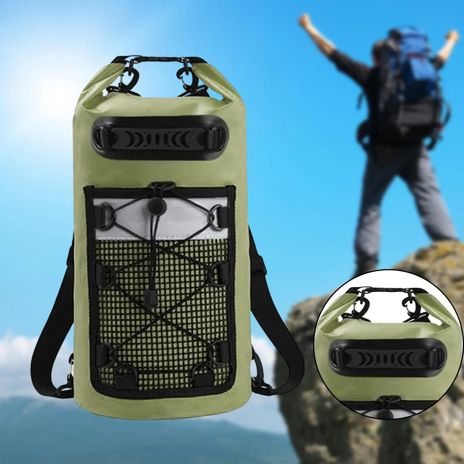 Dry Bag Floating Backpack, Mesh Pocket, Reflective Warning Strip, Green