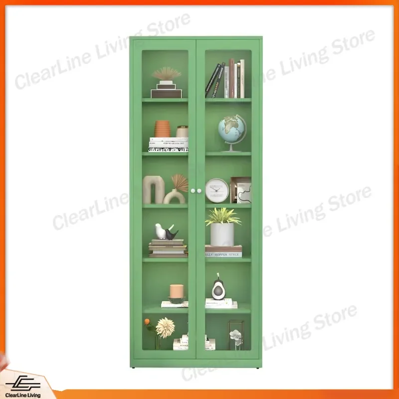 Tall Slim Steel Bookshelf with Glass Doors Corner Storage Cabinet for Small Spaces Modern Metal Display Shelf Home Office - view 2