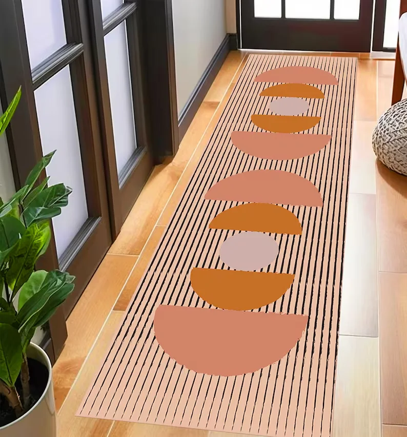 Mid Century Modern Runner Rug Abstract Non-Slip Dark Color Floor Decor Runner Rug Colorful Modern Long Hallway Geometric  Rugs