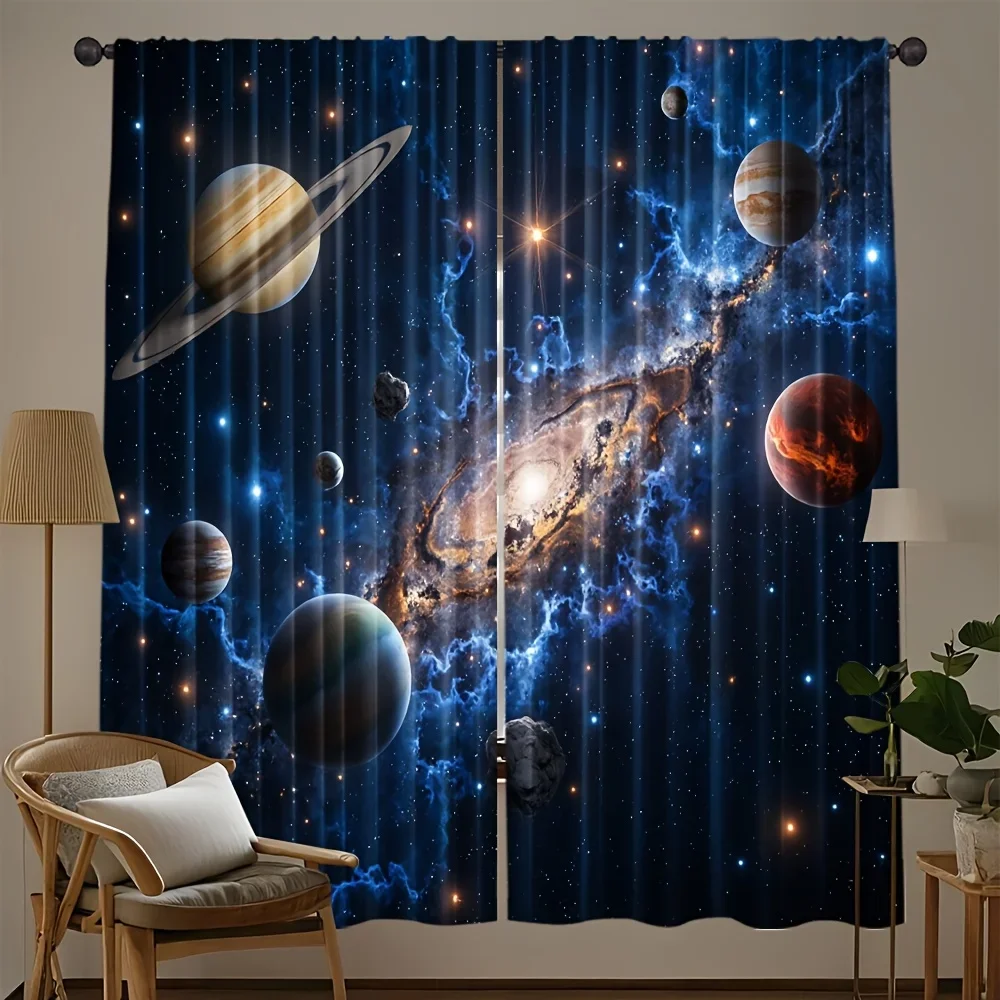 [Space Roller Blind] 2pcs Blue Galaxy Polyester Space-Themed Roller Blind Curtains | Astronaut & Planetary Design, Light-Filteri