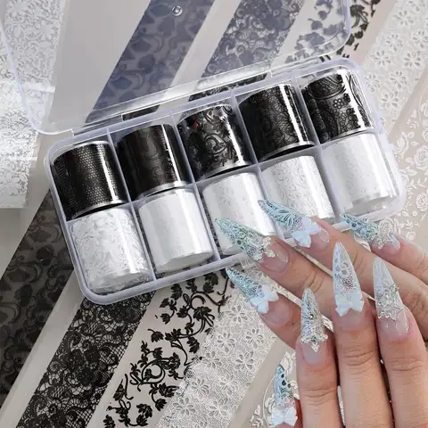 10Rolls 2.5*50cm Black White Lace Flower Transfer Nail Foil Sexy Lace Floral Starry Paper Nail Stickers DIY Nail Art Decorations
