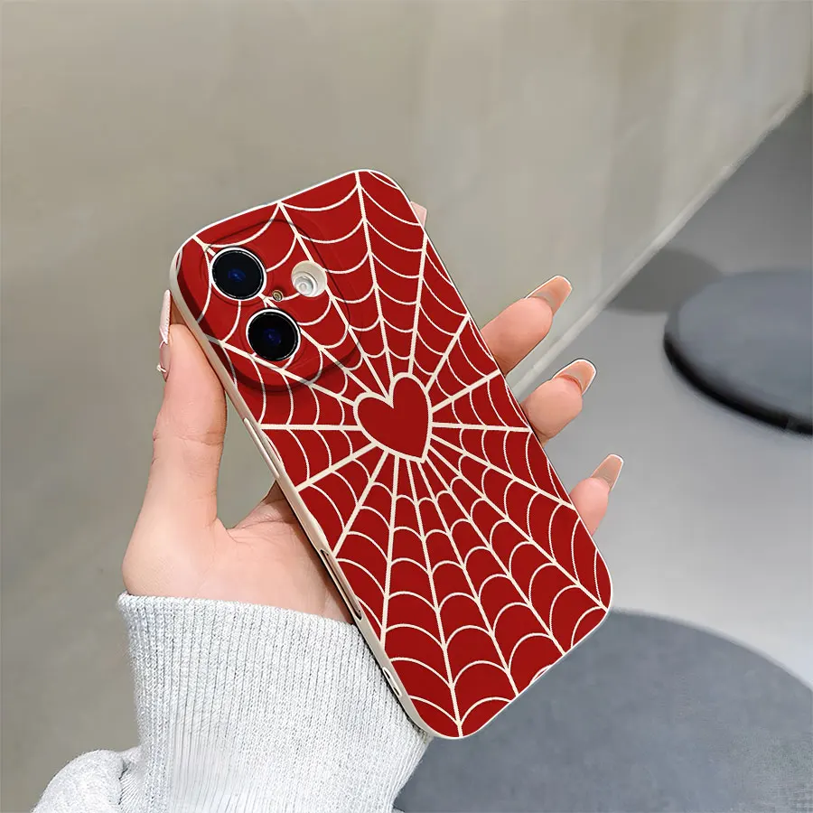 حافظات هاتف منقوشة على شكل شبكة عنكبوت على شكل قلب لهاتف iPhone 17 إلى 11 Pro Max Plus