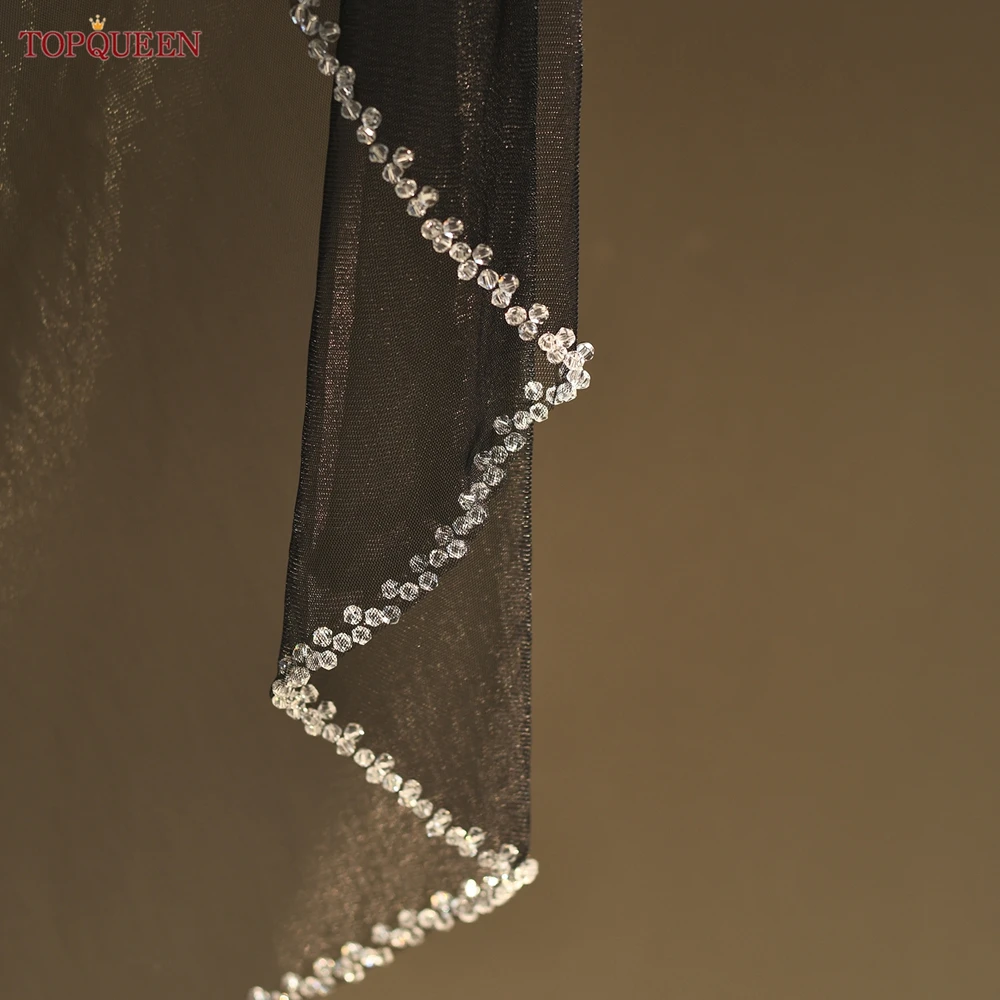 

TOPQUEEN Черная свадебная фата Velo De Novias с кристаллами и бисером, черная свадебная фата в стиле ретро, безопасный выбор, свадебные аксессуары V248