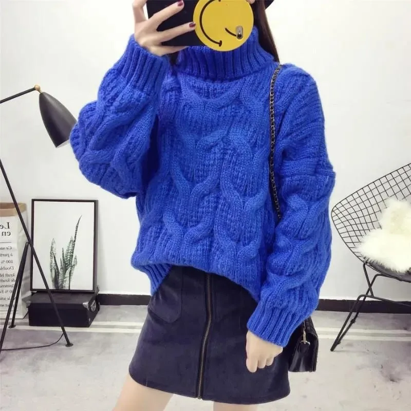 Turtleneck Sweater Thickened Loose Crochet Stripe Women Short Knit Pullover Warm Commuting KoreanFashion Autumn Winter Pull Long