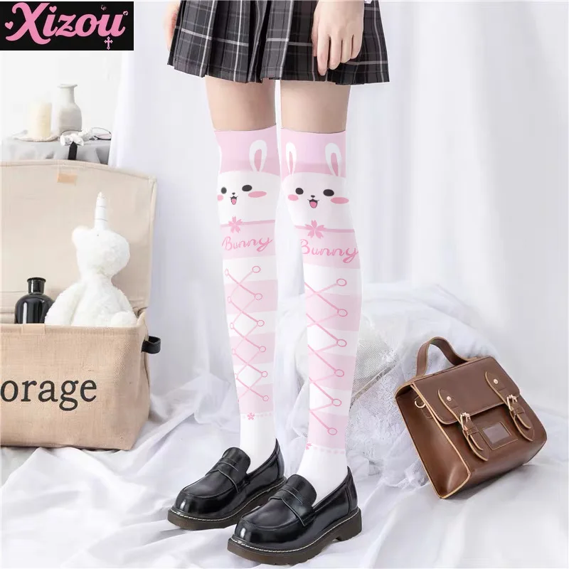 Soft Cute Girl Kawaii Print Stockings Thin Female Spring and Autumn Japanese Lolita Cute Anime Knee Long Tube White Velvet Socks