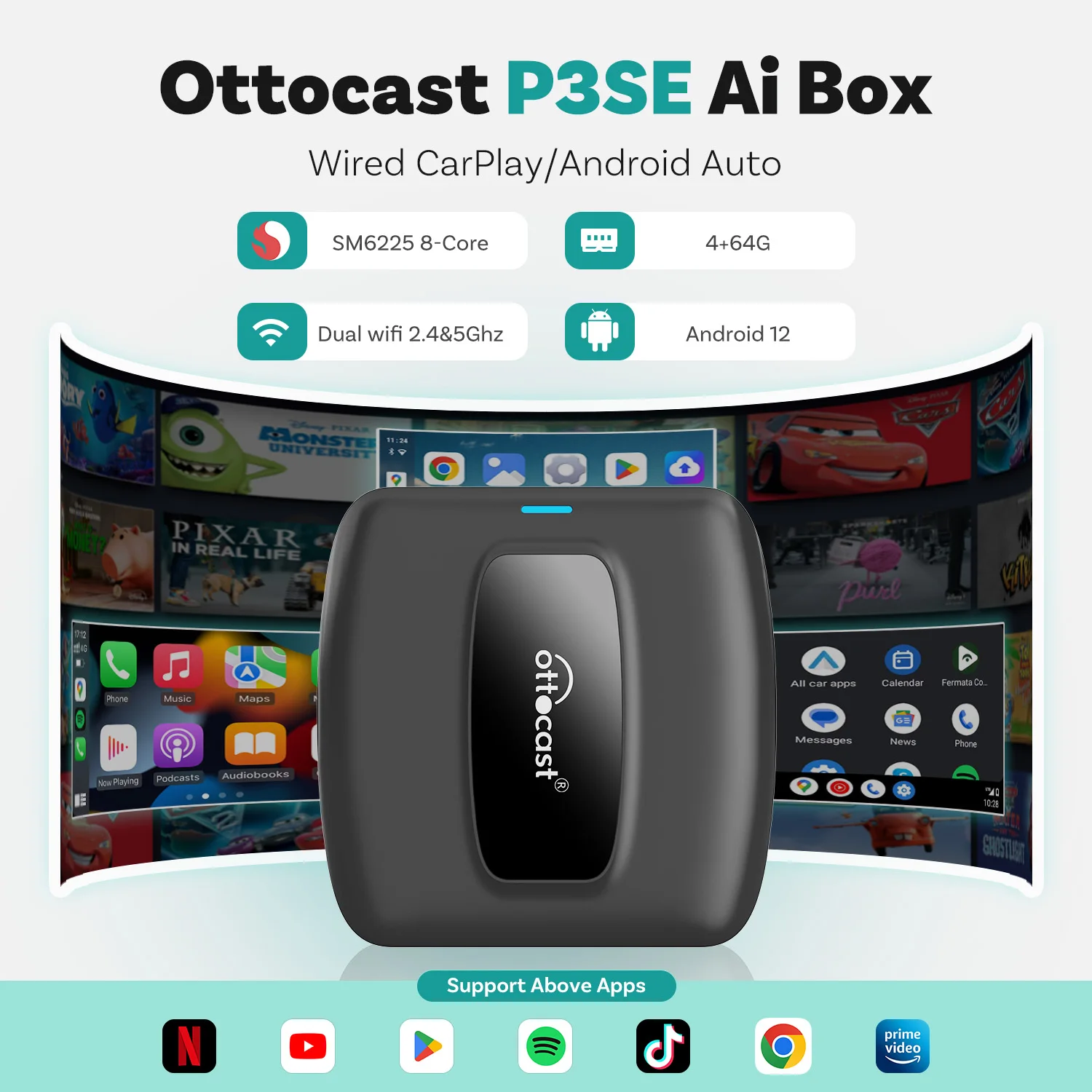 Ottocast E2 Wireless CarPlay & Android Auto 3IN1 AI Box 4+64GB
