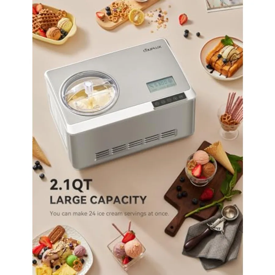 Ice Cream Maker for home use, stainless steel, silver, fastest freezing 2.1QT with built-in compressor, easy operate clean, LCD