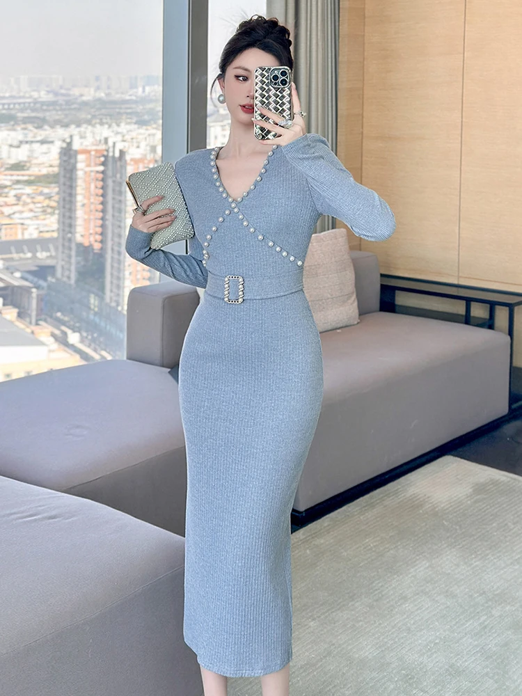 

Женское элегантное вязаное жемчужное облегающее платье миди с v-образным вырезом и длинными рукавами, коктейльное вечернее платье Mujer Vestidos, повседневное деловое тонкое платье