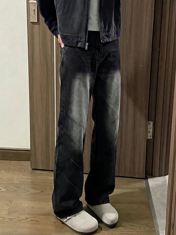 

Bla Pleated Slant Cut Jeans Men's High Street American Vibe Sle Slim Straight Bell Bot Casual Spring Denim Pants