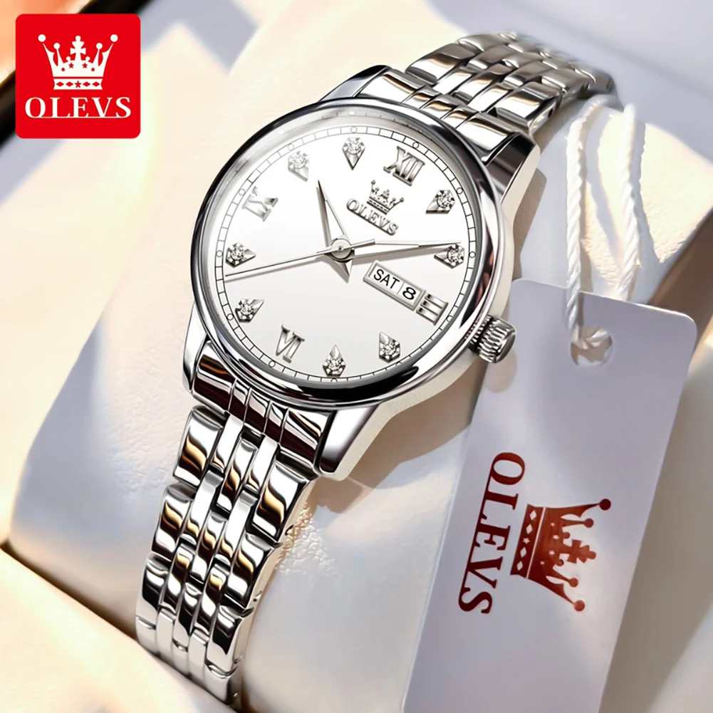 New OLEVS Women\'s Quartz Watch Stainless Steel Strap Auto Date Week Clock Luxury Diamond Dial Waterproof Classic Watch for Women