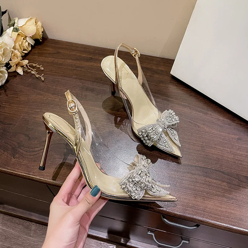 Summer Party Wedding Stripper High Heels Sexy Crystal Bowknot Pointed Toe Women Pumps PVC Transparent Sandals Shoes Green