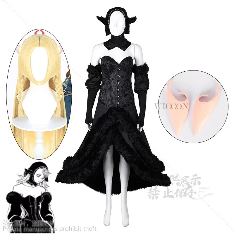 

qq023Marcille Fantasy Wigs Black Dress Clothing Anime Dungeon Meshi Costume Disguise Adult Women Cosplay Roleplay Earwea