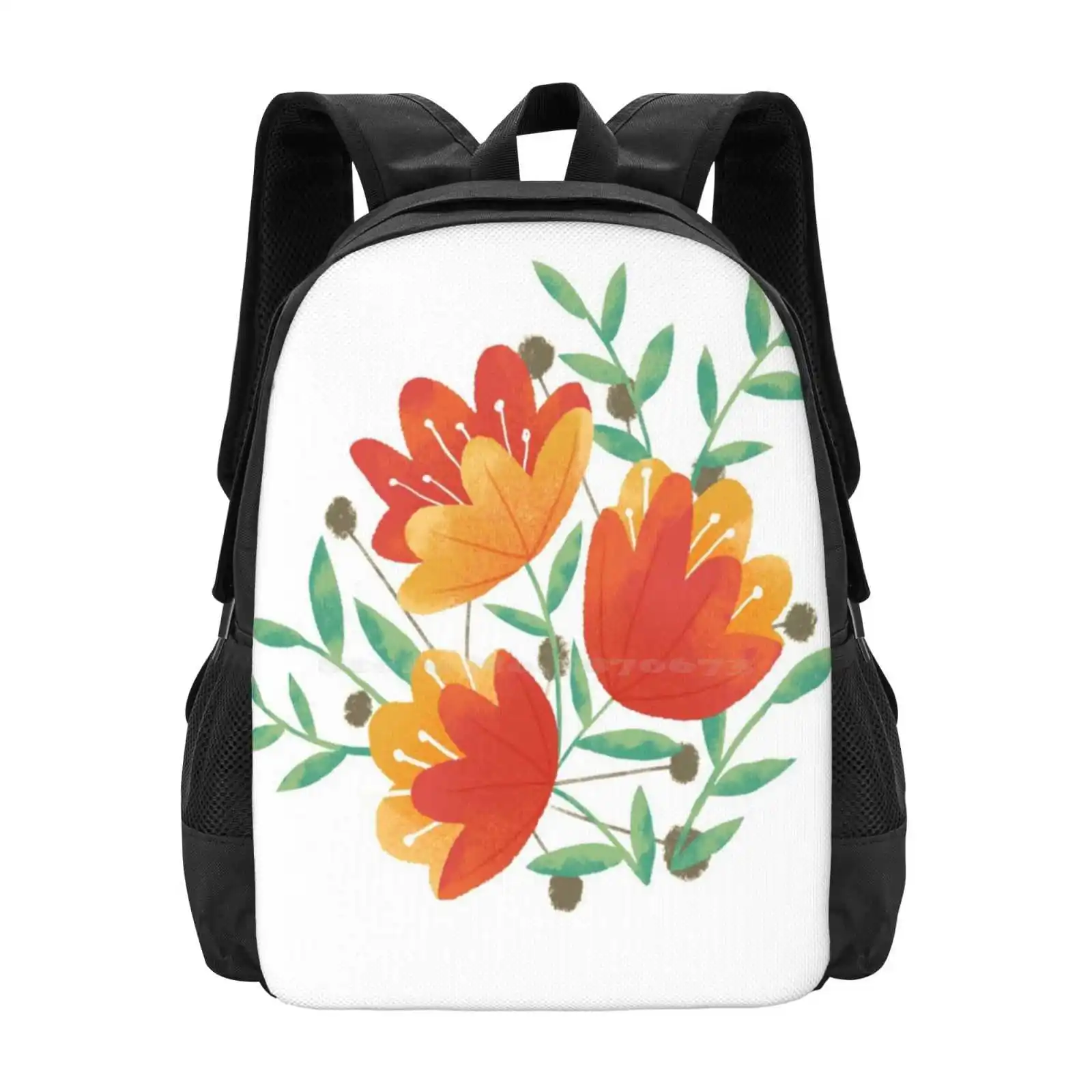 Light Afternoon Blossoms Large Capacity School Backpack Laptop Bags Golden Orange Yellow Red Fire Blossoms Flowers Floral